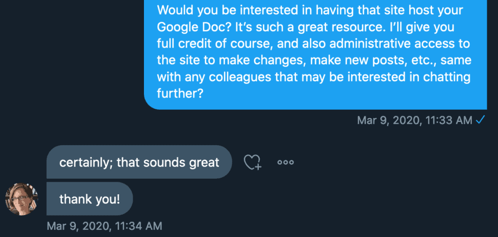 Twitter DM conversation between Sean Markey and Julie McMurry.